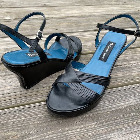 Etienne Aigner Shoes - Etienne Aigner Women Shoes Wedge Heel Black Leather Upper Sandal Size 9M